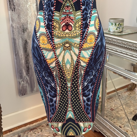 CACHE Designer sexy blue yellow green gold scarf animal print dress cruise XS 0 - Picture 3 of 9